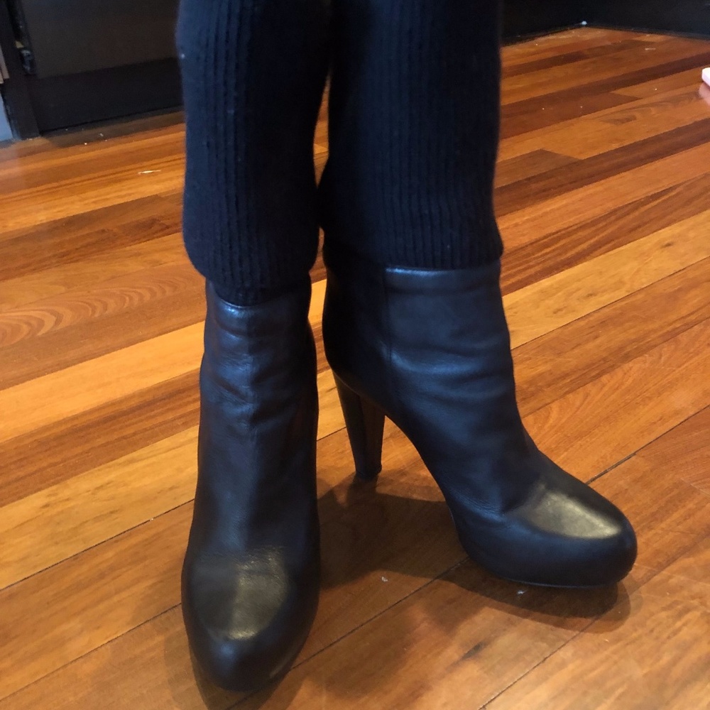 Loeffler Randall Wendy Black Leather Mid-Calf Boot w Black Knit Cuff/Shaft 7.5